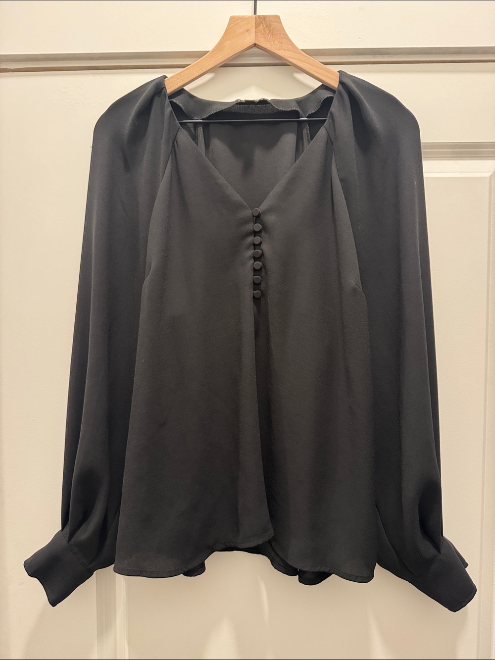 Express Black V-Neck Long-Sleeve Blouse with Covered Buttons
